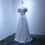 Schlicht Silber Abendkleider 2017 A Linie Fallende Rüsche Sweep / Pinsel Zug Off Shoulder Kurze Ärmel Rückenfreies Strass Stoffgürtel Glanz Festliche Kleider