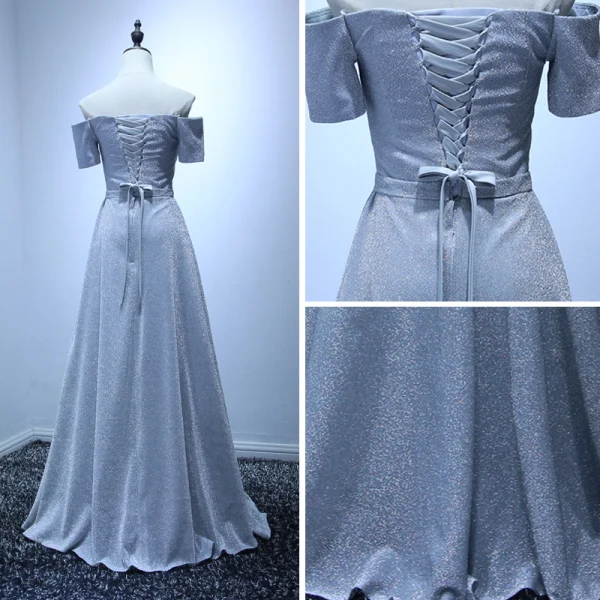 Schlicht Silber Abendkleider 2017 A Linie Fallende Rüsche Sweep / Pinsel Zug Off Shoulder Kurze Ärmel Rückenfreies Strass Stoffgürtel Glanz Festliche Kleider