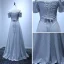Schlicht Silber Abendkleider 2017 A Linie Fallende Rüsche Sweep / Pinsel Zug Off Shoulder Kurze Ärmel Rückenfreies Strass Stoffgürtel Glanz Festliche Kleider