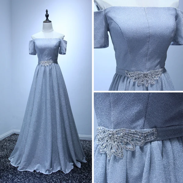 Schlicht Silber Abendkleider 2017 A Linie Fallende Rüsche Sweep / Pinsel Zug Off Shoulder Kurze Ärmel Rückenfreies Strass Stoffgürtel Glanz Festliche Kleider