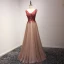 Chic / Beautiful Red Pearl Pink Evening Dresses  2017 A-Line / Princess Floor-Length / Long Cascading Ruffles V-Neck Sleeveless Backless Beading Pearl Appliques Flower Formal Dresses