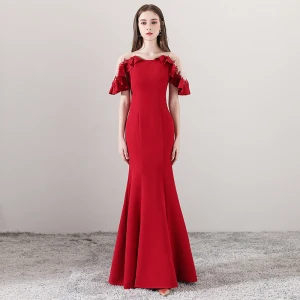 Simple Rouge Transparentes Robe De Soirée 2018 Trompette Sirène Encolure Dégagée Manches Courtes Appliques En Dentelle Perle Longue Volants Robe De Ceremonie