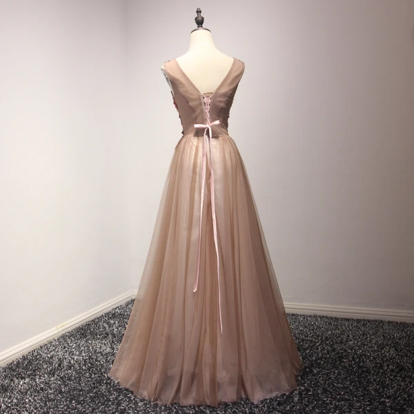 Chic / Beautiful Red Pearl Pink Evening Dresses 2017 A-Line / Princess Floor-Length / Long Cascading Ruffles V-Neck Sleeveless Backless Beading Pearl Appliques Flower Formal Dresses