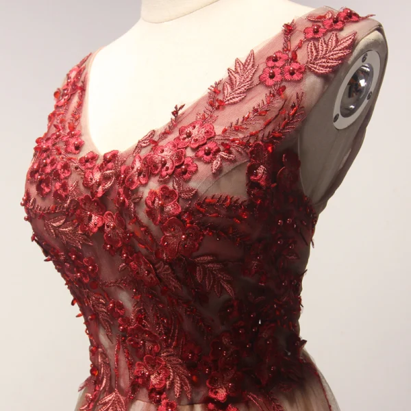 Chic / Beautiful Red Pearl Pink Evening Dresses 2017 A-Line / Princess Floor-Length / Long Cascading Ruffles V-Neck Sleeveless Backless Beading Pearl Appliques Flower Formal Dresses