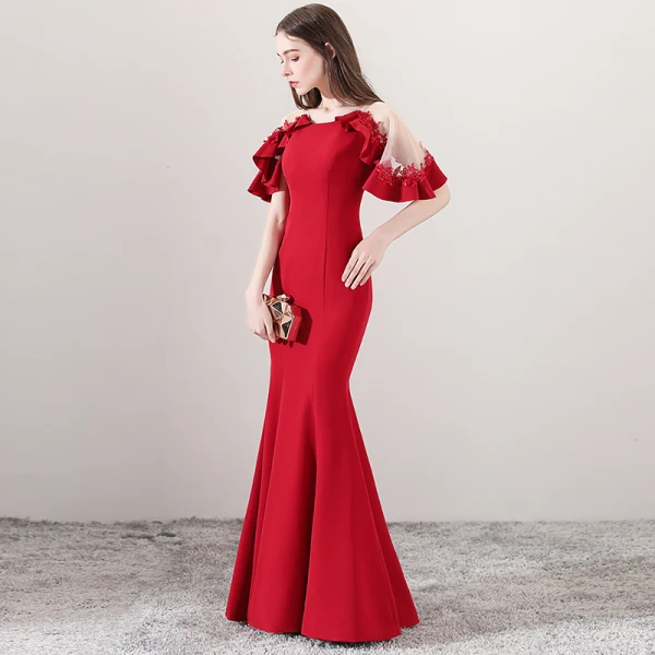 Modest / Simple Red See-through Evening Dresses  2018 Trumpet / Mermaid Scoop Neck Short Sleeve Appliques Lace Pearl Floor-Length / Long Ruffle Formal Dresses