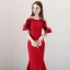 Modest / Simple Red See-through Evening Dresses  2018 Trumpet / Mermaid Scoop Neck Short Sleeve Appliques Lace Pearl Floor-Length / Long Ruffle Formal Dresses