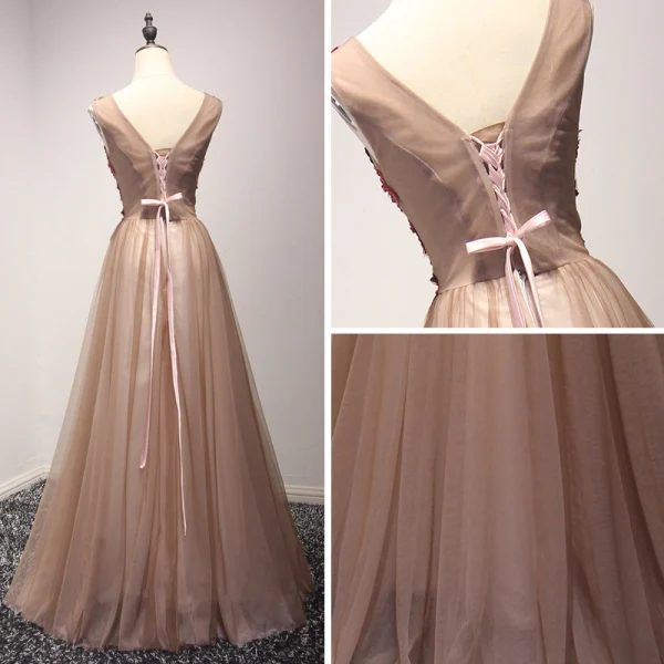 Chic / Beautiful Red Pearl Pink Evening Dresses 2017 A-Line / Princess Floor-Length / Long Cascading Ruffles V-Neck Sleeveless Backless Beading Pearl Appliques Flower Formal Dresses