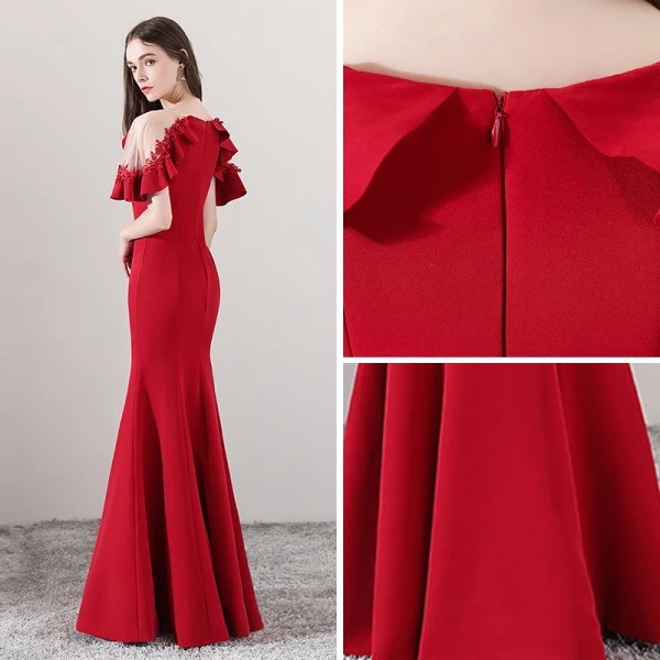 Modest / Simple Red See-through Evening Dresses  2018 Trumpet / Mermaid Scoop Neck Short Sleeve Appliques Lace Pearl Floor-Length / Long Ruffle Formal Dresses