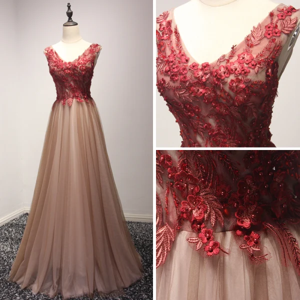 Chic / Beautiful Red Pearl Pink Evening Dresses 2017 A-Line / Princess Floor-Length / Long Cascading Ruffles V-Neck Sleeveless Backless Beading Pearl Appliques Flower Formal Dresses
