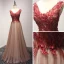 Chic / Beautiful Red Pearl Pink Evening Dresses  2017 A-Line / Princess Floor-Length / Long Cascading Ruffles V-Neck Sleeveless Backless Beading Pearl Appliques Flower Formal Dresses