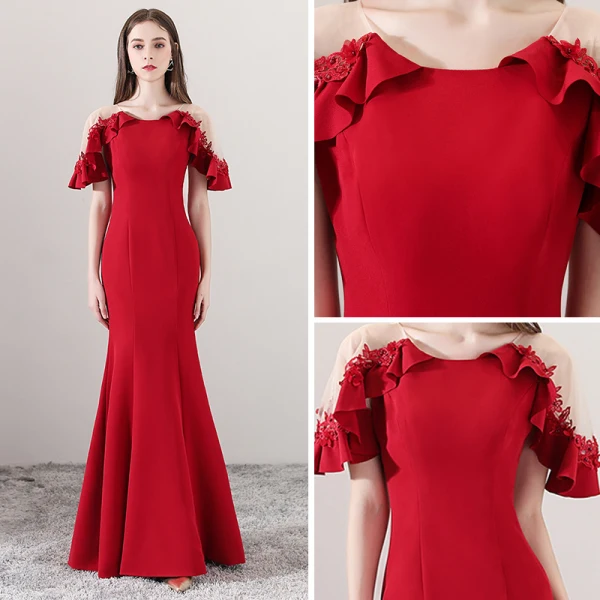 Modest / Simple Red See-through Evening Dresses  2018 Trumpet / Mermaid Scoop Neck Short Sleeve Appliques Lace Pearl Floor-Length / Long Ruffle Formal Dresses