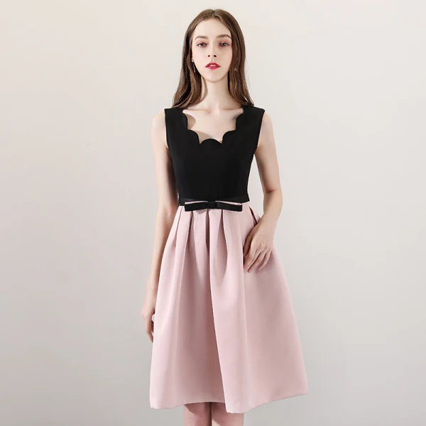 black and pink homecoming dresses Cute Pearl Pink Tea Length Satin with Lace Applique Party Dress, Homec –  Cutedressy main image 1