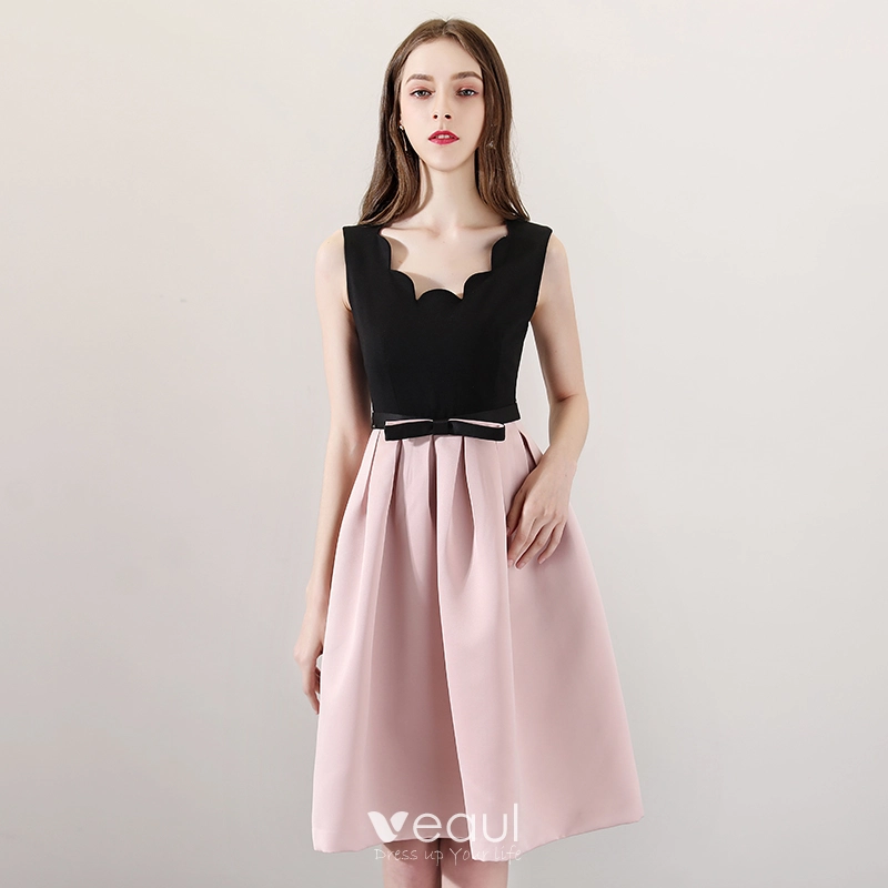 Modest Simple Black Blushing Pink Homecoming Graduation Dresses 2018 A Line Princess Amazing Unique V Neck Sleeveless Bow Sash Knee Length Ruffle Backless Formal Dresses