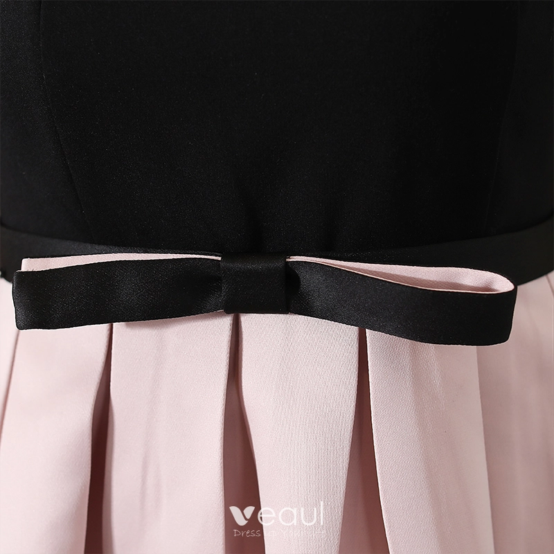 Modest Simple Black Blushing Pink Homecoming Graduation Dresses 2018 A Line  Princess Amazing Unique V Neck Sleeveless Bow Sash Knee Length Ruffle  Backless Formal Dresses