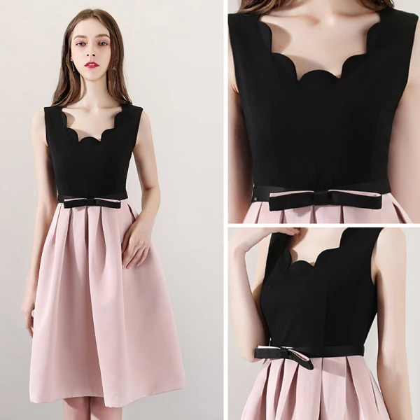 Modest / Simple Black Blushing Pink Homecoming Graduation Dresses 2018 A-Line / Princess Amazing / Unique V-Neck Sleeveless Bow Sash Knee-Length Ruffle Backless Formal Dresses