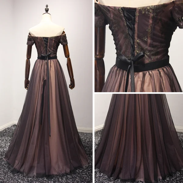 Élégant Noire Robe De Soirée 2017 Princesse Longue Volants en Cascade De l'épaule Manches Courtes Dos Nu Perlage Cristal Métal Ceinture Robe De Ceremonie