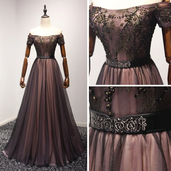 Élégant Noire Robe De Soirée 2017 Princesse Longue Volants en Cascade De l'épaule Manches Courtes Dos Nu Perlage Cristal Métal Ceinture Robe De Ceremonie