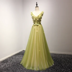 Élégant Vert Lime Robe De Soirée 2017 Princesse Longue Volants En Cascade V Cou Épaules Sans Manches Dos Nu Perlage Cristal Paillettes Appliques Fleur Noeud Ceinture Robe De Ceremonie