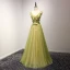 Élégant Vert Lime Robe De Soirée 2017 Princesse Longue Volants en Cascade V-Cou épaules Sans Manches Dos Nu Perlage Cristal Paillettes Appliques Fleur Noeud Ceinture Robe De Ceremonie