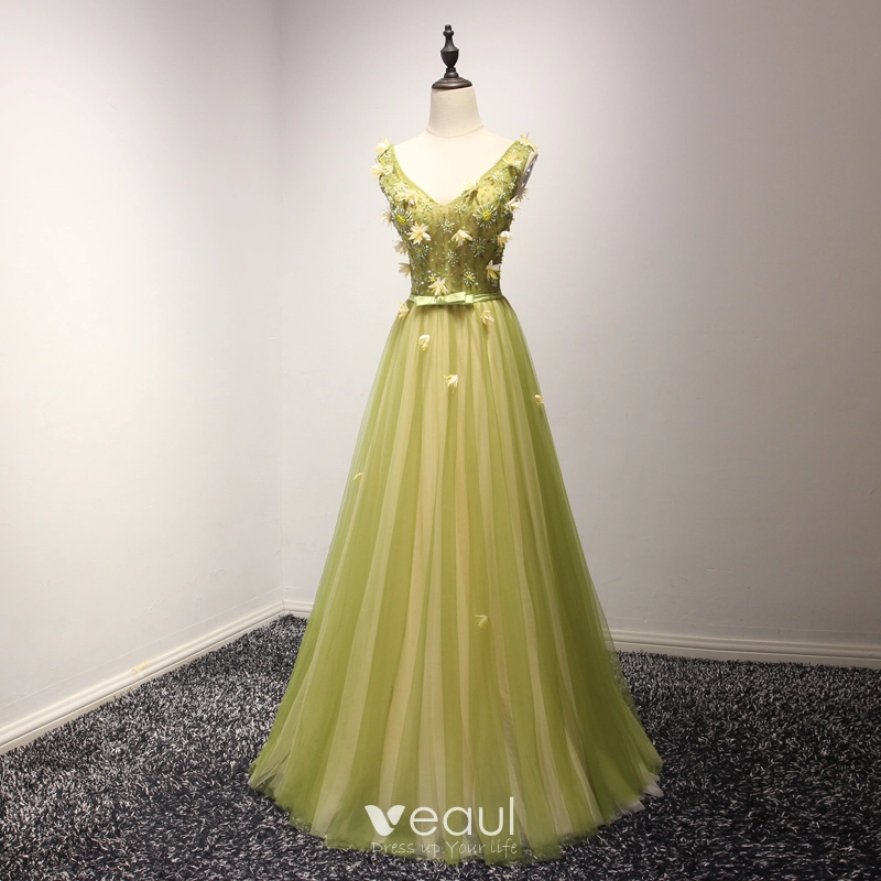 Elegant Lime Green Evening Dresses 2017 A-Line / Princess Floor-Length / Long Cascading Ruffles V-Neck Shoulders Sleeveless Backless Beading Crystal