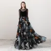 Bohemia Black See-through Evening Dresses  2018 A-Line / Princess Scoop Neck 3/4 Sleeve Printing Tulle Floor-Length / Long Ruffle Backless Formal Dresses