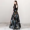 Bohemia Black See-through Evening Dresses  2018 A-Line / Princess Scoop Neck 3/4 Sleeve Printing Tulle Floor-Length / Long Ruffle Backless Formal Dresses