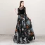 Bohemia Black See-through Evening Dresses  2018 A-Line / Princess Scoop Neck 3/4 Sleeve Printing Tulle Floor-Length / Long Ruffle Backless Formal Dresses