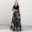 Bohemia Black See-through Evening Dresses  2018 A-Line / Princess Scoop Neck 3/4 Sleeve Printing Tulle Floor-Length / Long Ruffle Backless Formal Dresses