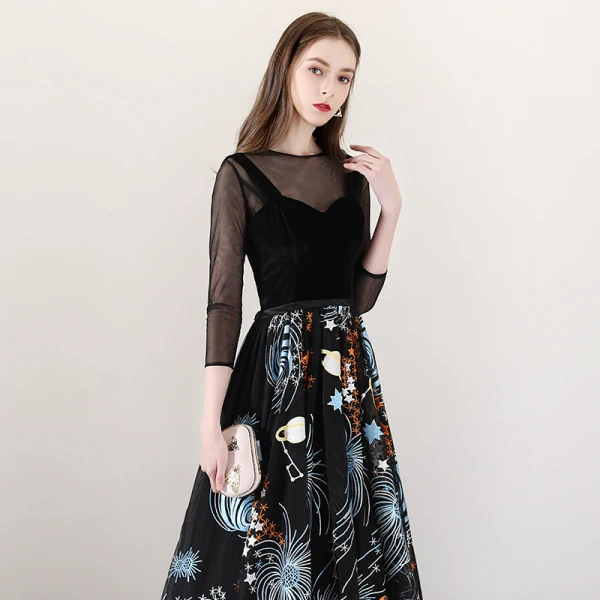 Bohemia Black See-through Evening Dresses  2018 A-Line / Princess Scoop Neck 3/4 Sleeve Printing Tulle Floor-Length / Long Ruffle Backless Formal Dresses