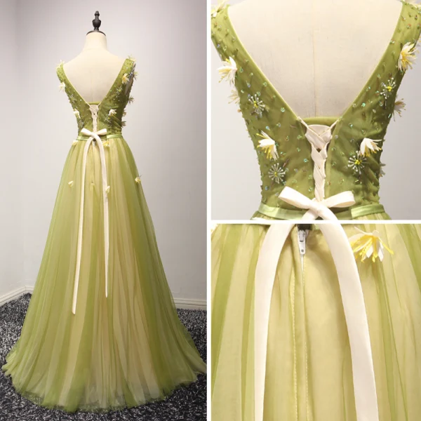 Élégant Vert Lime Robe De Soirée 2017 Princesse Longue Volants en Cascade V-Cou épaules Sans Manches Dos Nu Perlage Cristal Paillettes Appliques Fleur Noeud Ceinture Robe De Ceremonie