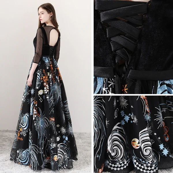 Bohemia Black See-through Evening Dresses  2018 A-Line / Princess Scoop Neck 3/4 Sleeve Printing Tulle Floor-Length / Long Ruffle Backless Formal Dresses