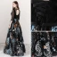Bohemia Black See-through Evening Dresses  2018 A-Line / Princess Scoop Neck 3/4 Sleeve Printing Tulle Floor-Length / Long Ruffle Backless Formal Dresses