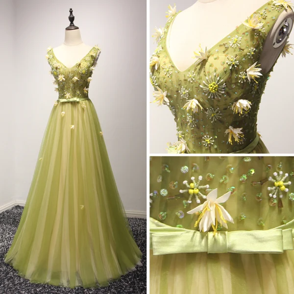 Élégant Vert Lime Robe De Soirée 2017 Princesse Longue Volants en Cascade V-Cou épaules Sans Manches Dos Nu Perlage Cristal Paillettes Appliques Fleur Noeud Ceinture Robe De Ceremonie