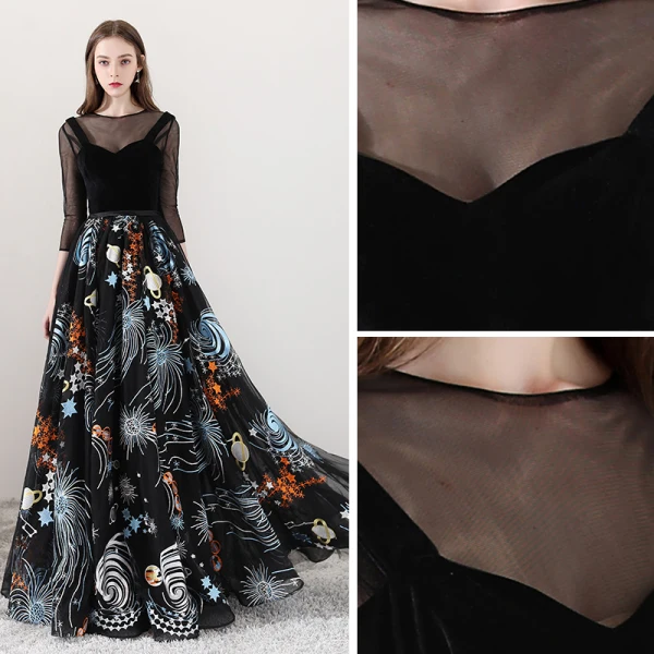 Bohemia Black See-through Evening Dresses  2018 A-Line / Princess Scoop Neck 3/4 Sleeve Printing Tulle Floor-Length / Long Ruffle Backless Formal Dresses