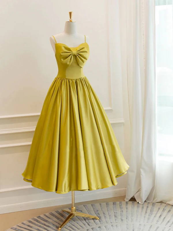 Modest Simple Yellow Satin Homecoming Graduation Dresses 2024 A-Line Princess Spaghetti
