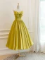 Modest / Simple Yellow Satin Homecoming Graduation Dresses 2024 A-Line / Princess Spaghetti Straps Bow Sleeveless Backless Tea-length