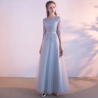 Affordable Chic Beautiful Evening Party Graduation Dresses 2017 Lace Appliques Sash 1 2 Sleeves Scoop Neck Ankle Length Silver A Line Princess Evening Dresses