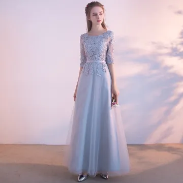 Affordable Chic Beautiful Evening Party Graduation Dresses 2017 Lace Appliques Sash 1 2 Sleeves Scoop Neck Ankle Length Silver A Line Princess Evening Dresses