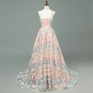 Moderne Mode Perle Rose Robe De Bal 2018 Princesse Bretelles Spaghetti Sans Manches Appliques En Dentelle Train De Balayage Volants Dos Nu Robe De Ceremonie