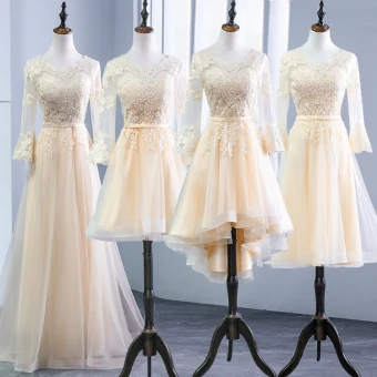 Chic Beautiful Champagne Pierced Bridesmaid Dresses 2018 A Line Princess Scoop Neck Long Sleeve Appliques Lace Sash Ruffle Backless Wedding Party Dresses