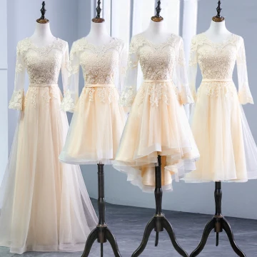 Chic Beautiful Champagne Pierced Bridesmaid Dresses 2018 A Line Princess Scoop Neck Long Sleeve Appliques Lace Sash Ruffle Backless Wedding Party Dresses
