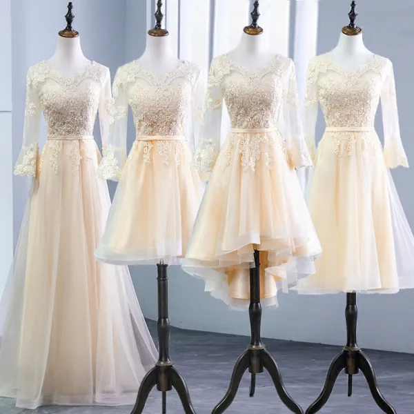 Chic / Beautiful Champagne Pierced Bridesmaid Dresses 2018 A-Line / Princess Scoop Neck Long Sleeve Appliques Lace Sash Ruffle Backless Wedding Party Dresses