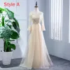 Chic / Beautiful Champagne Pierced Bridesmaid Dresses 2018 A-Line / Princess Scoop Neck Long Sleeve Appliques Lace Sash Ruffle Backless Wedding Party Dresses