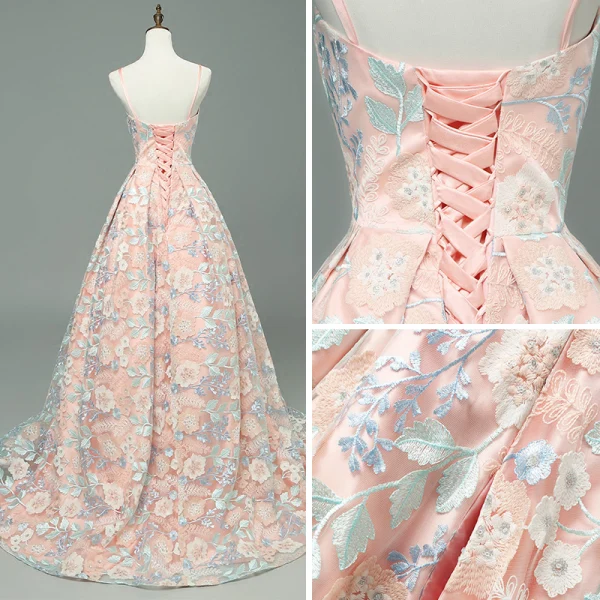 Modern / Fashion Pearl Pink Prom Dresses 2018 A-Line / Princess Spaghetti Straps Sleeveless Appliques Lace Sweep Train Ruffle Backless Formal Dresses