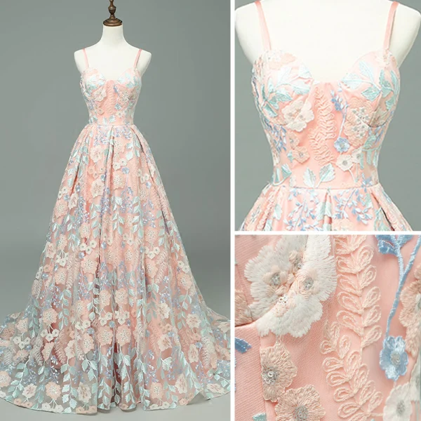 Modern / Fashion Pearl Pink Prom Dresses 2018 A-Line / Princess Spaghetti Straps Sleeveless Appliques Lace Sweep Train Ruffle Backless Formal Dresses