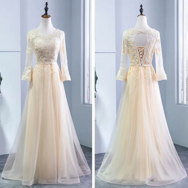 Chic / Beautiful Champagne Pierced Bridesmaid Dresses 2018 A-Line / Princess Scoop Neck Long Sleeve Appliques Lace Sash Ruffle Backless Wedding Party Dresses