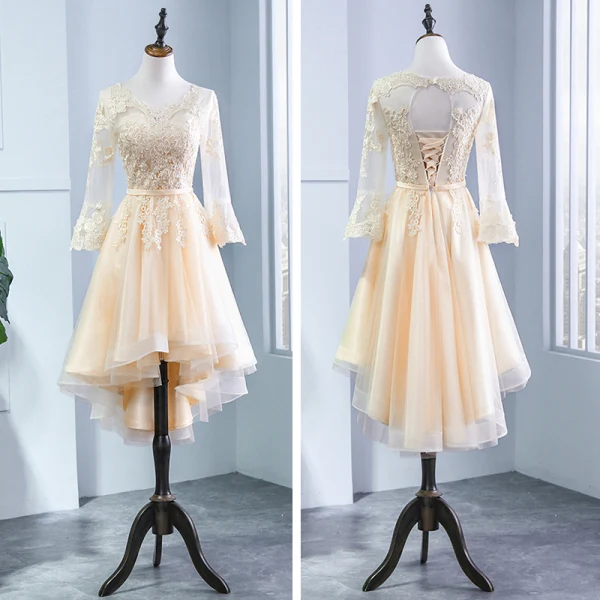 Chic / Beautiful Champagne Pierced Bridesmaid Dresses 2018 A-Line / Princess Scoop Neck Long Sleeve Appliques Lace Sash Ruffle Backless Wedding Party Dresses