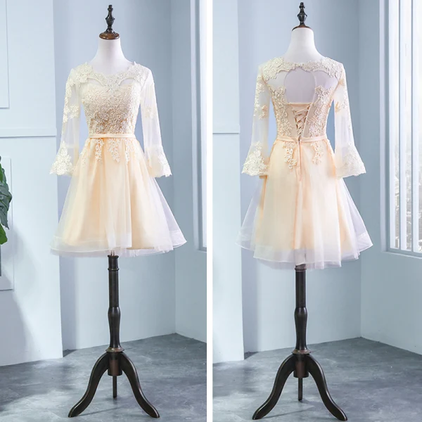 Chic / Beautiful Champagne Pierced Bridesmaid Dresses 2018 A-Line / Princess Scoop Neck Long Sleeve Appliques Lace Sash Ruffle Backless Wedding Party Dresses