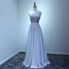 Modest / Simple Grey Evening Dresses  2017 A-Line / Princess Floor-Length / Long Cascading Ruffles One-Shoulder Sleeveless Backless Rhinestone Sash Glitter Formal Dresses