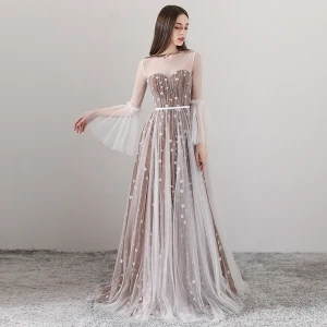 Elegant Brown See Through Evening Dresses 2018 A Line Princess Scoop Neck Long Sleeve Appliques Flower Sash Floor Length Long Ruffle Backless Formal Dresses